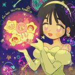  2boys 2girls alien_stage bindle black_hair coldmeow commentary dress earrings elbow_gloves english_commentary english_text gloves hairband highres ivan_(alien_stage) jellyfish jellyfish_costume jewelry juliet_sleeves long_sleeves mizi_(alien_stage) multiple_boys multiple_girls off-shoulder_dress off_shoulder open_mouth puffy_sleeves purple_eyes shooting_star short_hair smile song_name star_(symbol) star_costume sua_(alien_stage) till_(alien_stage) white_dress white_gloves white_hairband 