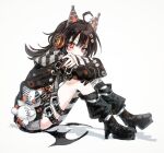  1girl ahoge animal_ear_headphones animal_ears bat_wings black_boots black_hair black_sweater boots cat_ear_headphones cat_ears commentary_request fake_animal_ears from_side full_body headphones high_heel_boots high_heels highres knees_up long_hair long_sleeves looking_at_viewer magical_girl mahou_shoujo_no_majo_saiban multicolored_hair nail_polish nendo23 orange_eyes sawatari_coco simple_background sitting solo streaked_hair stuffed_animal stuffed_cat stuffed_toy sweater thigh_strap white_background wings 