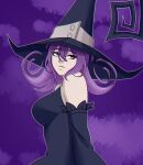  1girl bare_shoulders black_dress black_hat black_sleeves blair_(soul_eater) breasts closed_mouth commentary detached_sleeves dress english_commentary flipped_hair hair_between_eyes hat highres large_breasts looking_to_the_side medium_hair purple_background purple_hair sidelocks solo soul_eater sunnywisp taut_clothes taut_dress upper_body witch witch_hat yellow_eyes 