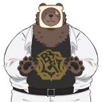  1boy animal_ears bear_boy bear_ears ben_bigger black_tank_top bread bread_slice brown_fur english_commentary fat food furry furry_male highres jacket looking_at_viewer male_focus pants pawpads plump scar scar_across_eye scar_on_face smile starbuchi tank_top white_background white_jacket white_pants zenless_zone_zero 