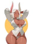  1girl animal_ears areola_slip arms_behind_head arms_up artist_name blush boku_no_hero_academia breasts collared_shirt contrapposto copio covered_nipples curvy dark-skinned_female dark_skin english_commentary highres large_breasts long_eyelashes looking_to_the_side mirko panties parted_bangs parted_lips partially_unbuttoned rabbit_ears rabbit_girl red_eyes shirt short_hair sleeves_rolled_up solo thick_thighs thighs underwear white_hair white_panties white_shirt wide_hips 