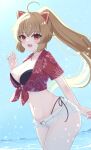 1girl :d ahoge animal_ears arm_behind_back assault_lily backlighting bikini bikini_under_clothes black_bikini blue_sky breasts brown_hair cat_ears collarbone commentary_request commission cowboy_shot crop_top crossed_bangs day fake_animal_ears floral_print from_side groin hand_up high_ponytail highleg highleg_bikini highres kondou_misaka large_breasts light_particles long_hair looking_at_viewer looking_to_the_side micro_shorts navel ocean open_clothes open_fly open_mouth open_shorts outdoors piatin ponytail print_shirt red_eyes shirt short_sleeves shorts side-tie_bikini_bottom skeb_commission sky smile solo standing stomach swimsuit tied_shirt very_long_hair water white_shorts 