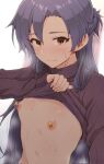  1girl bangs blush breasts closed_mouth clothes_lift flat_chest hair_between_eyes heart highres idolmaster idolmaster_(classic) kisaragi_chihaya lifted_by_self long_hair long_sleeves looking_at_viewer nipples orange_eyes pasties purple_hair small_breasts solo sweat sweater sweater_lift tengu_(tetuo_kun) upper_body 