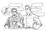  2boys avengers_(series) beak belt bird blank_speech_bubble character_print chicken closed_mouth collared_shirt cup facial_hair fingernails half-closed_eyes hand_up highres holding holding_cup iron_man kacha0404 long_sleeves looking_afar looking_at_another male_focus marvel monochrome multiple_boys open_mouth rooster shirt short_hair simple_background sleeves_rolled_up speech_bubble steve_rogers sweatdrop talking thought_bubble tony_stark upper_body v-shaped_eyebrows 