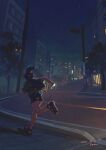  1girl akaneko_(redakanekocat) backpack bag black_hair black_shorts building cellphone city crosswalk dated facing_away green_shirt highres holding holding_phone night original outdoors phone ponytail power_lines road running sandals scenery shirt shorts sky smartphone solo star_(sky) starry_sky traffic_light tree 