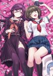  2girls ahoge bangs black_hair black_skirt blue_skirt blush braid brown_hair chain danganronpa_(series) danganronpa_another_episode:_ultra_despair_girls deadnooodles eyebrows_visible_through_hair fukawa_touko glasses hair_ornament highres holding holding_hands long_hair lying megaphone mole mole_under_mouth multiple_girls naegi_komaru neckerchief on_back open_mouth pink_eyes pleated_skirt red_neckerchief round_eyewear sailor_collar school_uniform scissors serafuku shiny shiny_hair shirt short_hair skirt smile thighhighs twin_braids 