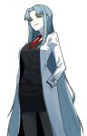  1girl angela_(project_moon) black_skirt black_vest blue_hair collared_shirt colored_skin hair_down hands_in_pockets helseujang highres lab_coat lobotomy_corporation long_hair necktie parted_bangs pencil_skirt project_moon red_necktie shirt sidelocks skirt solo very_long_hair vest white_background white_shirt white_skin 
