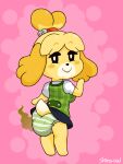 animal_crossing anthro bottomwear canid canine canis clothed clothing clothing_lift diaper diaper_under_clothing diaper_under_skirt domestic_dog exposed_diaper female flirting flirting_with_viewer isabelle_(animal_crossing) looking_at_viewer looking_back mammal nintendo raised_bottomwear raised_clothing raised_skirt raised_tail shih_tzu shima-pad skirt skirt_lift soiled_diaper solo stink_fumes tail toy_dog unclean_diaper used_diaper
