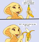  anthro banana comic dialogue eyebrows eyelashes eyeshadow fangs female food fruit haxxyramdhan hi_res looking_at_viewer makeup open_mouth plant red_eyes reptile scales scalie simple_background smile snake snake_hood solo speech_bubble yellow_body yellow_scales yellow_skin 