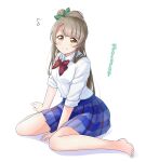  1girl barefoot between_legs blue_skirt blush bow bowtie brown_hair collared_shirt commentary eyebrows_visible_through_hair full_body green_bow hair_bow hair_tuft hand_between_legs highres light_brown_hair long_hair love_live! love_live!_school_idol_project minami_kotori miniskirt musical_note no_jacket otonokizaka_school_uniform plaid plaid_skirt red_bow satisfaction-zero school_uniform shirt shirt_tucked_in simple_background sitting skirt sleeves_rolled_up smile solo split_mouth striped striped_bow tareme translated wariza white_background white_shirt yellow_eyes 