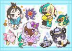  5girls all_fours aqua_hair ascot bandeau belt black_belt black_dress black_hair black_mask black_pants black_romper blonde_hair blue_eyes blue_gloves blue_hoodie blue_pants blue_sclera blunt_bangs blush bob_cut braid braided_ponytail breasts canari_(pokemon) chandelier chandelure chibi chibi_only chikolett clefable closed_mouth coat colored_sclera colored_skin cube_hair_ornament dark-skinned_female dark_skin dress earclip eelektross fairy_wings fascinator fire fishnet_pantyhose fishnets frilled_ascot frills gem ghost glove_bow gloves gradient_hair green_hair grey_eyes gwynn_(pokemon) hair_ornament hat heart hiding hiding_behind_another highres hood hood_down hoodie jacinthe_(pokemon) jacket juliet_sleeves lebanne_(pokemon) leggings lida_(pokemon) lightning_bolt_symbol long_hair long_legs long_sleeves looking_at_viewer low_drills maid maid_headdress mask mega_clefable mega_pokemon mega_ring mega_starmie mega_stone mouth_mask multicolored_hair multiple_girls one_eye_closed open_mouth orange_leggings pants pantyhose pokemon pokemon_(creature) pokemon_legends:_z-a puffy_sleeves purple_dress purple_eyes purple_hair purple_skin red_gemstone ribbed_socks romper shirt short_hair short_twintails smile socks split-color_hair star_(symbol) starfish starmie staryu topknot twintails two-tone_hair two-tone_legwear two-tone_mask two-tone_pants v very_dark_skin white_coat white_gloves white_leggings white_socks wings wispy_bangs yellow_bandeau yellow_eyes yellow_jacket yellow_mask yellow_sclera 