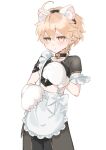  1boy aether_(genshin_impact) ahoge animal_ear_fluff animal_ear_hairband animal_ears animal_hands apron baggy_pants bell black_choker black_hairband black_pants black_shirt blonde_hair bow cat_ear_hairband cat_ears choker closed_mouth cowboy_shot crop_top cropped_shirt double-parted_bangs earrings embarrassed fake_animal_ears frilled_apron frilled_straps frills genshin_impact gloves hairband hand_on_own_chest hands_up highres jewelry jingle_bell looking_ahead maid_apron male_focus midriff_peek neck_bell nervous nervous_sweating nihon_no_hentai pants paw_gloves raised_inner_eyebrows shirt short_hair short_sleeves simple_background single_earring solo standing strap_slip sweat very_short_hair waist_apron waist_bow white_apron white_background white_bow white_gloves yellow_eyes 