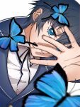  1girl androgynous black_ribbon blue_butterfly blue_eyes blue_jacket bug butterfly buttons commentary_request covering_face eyelashes hair_between_eyes highres jacket looking_at_viewer persona persona_4 reverse_trap ribbon shirogane_naoto shirt short_hair solo usa_(kawaii_152cm) white_shirt 