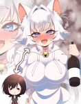  2girls :d animal_ear_fluff animal_ears arrow_(symbol) bell blue_eyes blush blush_stickers bonnouji_momoha bottle breasts brown_hair cat_ears cat_girl cat_tail chibi chibi_inset choker commentary drawstring drunk english_commentary erigo fang hair_intakes hand_on_own_hip heart heart_in_eye highres holding holding_bottle hood hood_down hoodie huge_breasts jingle_bell kimi_no_koto_ga_dai_dai_dai_dai_daisuki_na_100-nin_no_kanojo long_sleeves multiple_girls neck_bell nekonari_tama nose_blush open_mouth personality_switch pink_choker short_hair smile solid_oval_eyes squeans symbol_in_eye tail white_hair white_hoodie zoom_layer 