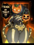 anthro big_breasts black_border blush blush_lines bodysuit border breasts clothing dialogue domestic_cat empty_eyes eyelashes felid feline felis female food for_a_head front_view fruit gallo_wazavi grey_bodysuit grey_clothing grey_skinsuit hand_on_hip hi_res jack-o&#039;-lantern looking_at_viewer mammal nipple_outline object_head orange_body plant pumpkin skeleton_costume skinsuit solo speech_bubble spice_(fortnite) talking_to_viewer text tight_clothing yellow_eyes