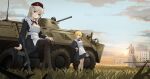  2girls absurdres apron armored_personnel_carrier armored_vehicle black_pantyhose blonde_hair blue_eyes breasts btr-80 character_request cloud cloudy_sky frilled_apron frills girls&#039;_frontline grass highres house long_hair looking_at_viewer lord-erica military_vehicle monument motor_vehicle multiple_girls outdoors pantyhose purple_eyes school_uniform short_hair sky small_breasts soviet_school_uniform tank vladimir_lenin vsk-94_(girls&#039;_frontline) weapon_request 