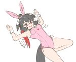  1girl absurdres alternate_costume animal_ears bare_legs bare_shoulders bird_girl bird_tail bird_wings black_eyes black_hair blush cowboy_shot embarrassed fake_animal_ears hair_between_eyes head_wings highres kemono_friends leotard multicolored_hair nokemono-san_(bocchi_friend) nose_blush pink_leotard ponytail rabbit_ears red_hair saddlebilled-stork_(kemono_friends) sidelocks sleeveless solo strapless strapless_leotard tail white_hair wings wrist_cuffs 