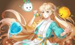  1girl animal_ears blonde_hair hamericano hanbok highres horns korean_clothes long_hair maplestory open_mouth sheep sheep_ears sheep_girl sheep_horns very_long_hair yellow_eyes 