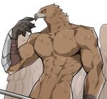  1boy abs bara beak bird_boy bird_wings claws closed_mouth elden_ring elden_ring_nightreign english_commentary feathered_wings furry furry_male guardian_(elden_ring) highres looking_down male_focus muscular muscular_male nude pectorals profile takochinki white_background wings 