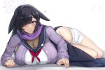  1girl bangs black_hair blue_archive blush breasts cleavage closed_mouth hair_over_one_eye halo large_breasts long_hair long_sleeves looking_at_viewer lying on_stomach one_eye_covered purple_eyes purple_shirt school_uniform serafuku shirt solo thighs tsukuyo_(blue_archive) tyamurai33 