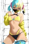  1girl aqua_hair belt bikini black_belt blonde_hair blue_eyes breasts canari_(pokemon) clothes_pull cowboy_shot dark-skinned_female dark_skin hair_ornament hand_up highres hisanoillust jacket looking_at_viewer mask medium_breasts mismatched_bikini mouth_mask multicolored_hair navel off_shoulder pants pants_pull pokemon pokemon_legends:_z-a split-color_hair stomach swimsuit thighs twintails yellow_jacket 