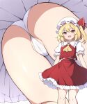  1girl :d ascot ass blonde_hair flandre_scarlet hat highres looking_at_viewer mob_cap multiple_views open_mouth panties puffy_short_sleeves puffy_sleeves red_eyes red_skirt rizento short_hair short_sleeves side_ponytail skirt smile touhou underwear white_hat white_panties yellow_ascot 