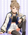  1girl black_thighhighs brown_eyes brown_hair commentary_request earrings fingernails game_cg hair_bun heart heart_earrings idolmaster idolmaster_million_live! idolmaster_million_live!_theater_days jacket jewelry knee_up letterman_jacket long_sleeves looking_at_viewer nail_polish necklace official_alternate_costume official_art open_clothes open_jacket orange_nails ring shorts sidelocks single_hair_bun sitting solo striped_clothes striped_thighhighs sukajan_gyarus_(idolmaster) tenkubashi_tomoka thighhighs third-party_source vertical-striped_clothes vertical-striped_thighhighs white_shorts 