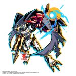  aiming arm_blade arm_cannon black_cape cape digimon digimon_(creature) full_body highres mecha omegamon_alter-s powering_up robot simple_background solo sword vistahero weapon white_background 