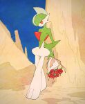  1other arm_blade arms_behind_back blue_sky bouquet canyon colored_skin crossed_arms day expressionless facing_to_the_side flower gallade green_hair high_contrast highres holding holding_bouquet holding_flower limited_palette looking_down looking_to_the_side mohawk mountain multicolored_skin outdoors pokemon pokemon_(creature) pokemon_focus red_eyes red_flower red_rose rose sky two-tone_skin umi-be-to walking weapon wide_hips 