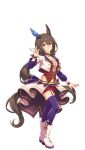  1girl admire_vega_(umamusume) animal_ears brown_hair common_race_outfit_(umamusume) ear_covers full_body garter_straps highres horse_ears horse_girl horse_tail long_hair official_alternate_costume official_art purple_eyes shoes shorts single_ear_cover solo tail thighhighs transparent_background umamusume very_long_hair 