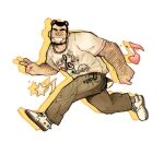  1boy animal_ears arm_hair bandaid bandaid_on_face bandaid_on_nose bear_boy bear_ears beard black_hair blush brown_pants charm_(object) chinstrap_beard closed_eyes english_commentary facial_hair grey_socks grgxrt grin highres male_focus original pants pink_trim print_shirt running shirt shoes short_hair simple_background smile socks solo spiked_shoes spikes t-shirt thick_eyebrows v very_short_hair white_background white_shirt white_shoes 