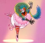 accessory alexian anthro ballerina ballerina_position ballerina_shoes ballet big_diaper blue_body blue_feathers bottomwear bow_ribbon clothing dancewear diaper dinosaur dress dromaeosaurid feathered_crest feathered_scalie feathered_tail feathers femboy green_body green_feathers head_crest hi_res hypnosis hypnosis_fetish male mapimoo_(artist) mind_control prehistoric_species red_body red_feathers reptile saurischian scalie simple_background skirt smile solo spiral spiral_eyes tail theropod tutu velociraptor yellow_body yellow_feathers