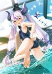  1girl :d animal_on_head ass bangs bare_arms bare_legs barefoot bird bird_on_head blue_swimsuit blurry blurry_background blush breasts casino_(casinoep) cloud crow_(la+_darknesss) day demon_horns duplicate feet foot_out_of_frame from_behind hair_between_eyes highres hololive horns la+_darknesss long_hair looking_at_viewer looking_back multicolored_hair on_head one-piece_swimsuit pixel-perfect_duplicate pointy_ears pool purple_hair small_breasts smile soles solo streaked_hair swimsuit tail tail_raised toes v-shaped_eyebrows very_long_hair virtual_youtuber water yellow_eyes 