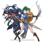  2girls armor arrow_(projectile) attack black_gloves blue_dress blue_eyes blue_gloves blue_hair blue_tunic boots bow_(weapon) breasts cape closed_mouth cuboon dress earrings fighting_stance fingerless_gloves fire_emblem fire_emblem:_the_blazing_blade fire_emblem_awakening fire_emblem_heroes gloves green_eyes green_hair hair_between_eyes high_ponytail holding holding_bow_(weapon) holding_polearm holding_weapon jewelry lance large_breasts long_hair lucina_(fire_emblem) lucina_(glitters_of_hope)_(fire_emblem) lyn_(fire_emblem) lyn_(glitters_of_hope)_(fire_emblem) medium_breasts multiple_girls official_art pants pelvic_curtain polearm ponytail quiver red_cape side_slit simple_background smile tiara tunic very_long_hair weapon white_background 