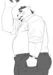  2022 anthro belly big_belly blush bodily_fluids bottomwear bulge clothing hi_res humanoid_hands k_ei3k kemono male mammal mature_male overweight overweight_male pants shirt solo sweat topwear ursid 