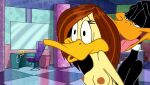 anatid anseriform anthro avian big_breasts bird breasts brown_hair daffy_duck duck duo female from_behind_position hair hi_res looking_pleasured looney_tunes male male/female nipples offscreen_sex sex standing standing_sex surprise_sex surprised the_looney_tunes_show tina_russo tongue tongue_out unknown_artist warner_brothers