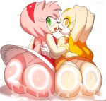  accessory amy_rose anthro ass_to_ass big_butt bodily_fluids breast_squish breasts butt clothing cream_the_rabbit cum cum_on_butt dress duo embrace eulipotyphlan female female/female genital_fluids green_eyes hair hair_accessory hedgehog hug lagomorph leporid mammal orange_eyes panties rabbit sega short_hair sitting smile sonic_the_hedgehog_(series) squish underwear white_panties zaviel 