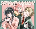  1boy 1yeol_eum 2girls ^_^ ^o^ anya_(spy_x_family) closed_eyes coffee coffee_mug copyright_name cup family formal highres holding holding_cup mug multiple_girls on_person spy_x_family suit twilight two-tone_background upper_body yor_briar 