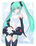  1girl bangs black_legwear black_sleeves blue_eyes blue_hair closed_mouth clothing_cutout detached_sleeves eyebrows_visible_through_hair floating_hair hair_between_eyes hatsune_miku hatsune_miku_(append) leotard long_hair midriff navel shiny shiny_hair solo standing stomach stomach_cutout suta_(clusta) twintails very_long_hair vocaloid vocaloid_append white_leotard 