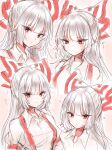  ... 1girl ? bangs blush bow breasts closed_mouth collared_shirt commentary_request eyebrows_visible_through_hair eyes_visible_through_hair fujiwara_no_mokou gradient gradient_background grey_hair grey_shirt hair_between_eyes hair_bow hand_on_hip highres juliet_sleeves long_hair long_sleeves looking_to_the_side medium_breasts multicolored_bow open_mouth pink_background puffy_sleeves red_bow red_eyes shirt smile solo speech_bubble touhou upper_body waramori_fuzuka white_background white_bow 