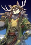  1boy animal_ears arrow_(projectile) blue_background bow_(weapon) braid brown_eyes brown_fur brown_hair closed_mouth coat deer_antlers furry furry_male gradient gradient_background hair_between_eyes highres holding holding_arrow male_focus mongolian_clothes relax_lion smile solo tail tassel temujin_(housamo) thick_eyebrows tokyo_afterschool_summoners tusks weapon wolf_boy wolf_ears wolf_tail 