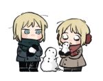 1boy 1girl axis_powers_hetalia black_boots black_eyes black_gloves black_pants blonde_hair blue_eyes blue_jacket blush_stickers boots brother_and_sister brown_coat buttons chibi chibi_only coat commentary_request earmuffs empty_eyes full_body gloves green_scarf half-closed_eyes hands_up holding holding_snowball jacket liechtenstein_(hetalia) long_sleeves looking_at_another looking_at_object mi_aph_to no_mouth open_mouth pants red_scarf scarf short_hair siblings simple_background smile snowball snowman standing switzerland_(hetalia) white_background 