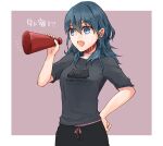  1girl alternate_costume animal_print bangs black_shirt blue_eyes blue_hair border byleth_(fire_emblem) byleth_(fire_emblem)_(female) cat_print fire_emblem fire_emblem:_three_houses hair_between_eyes hand_on_hip holding long_hair open_mouth pink_ribbon print_shirt purple_background ribbon robaco shirt short_sleeves sketch solo standing straight_hair white_border 