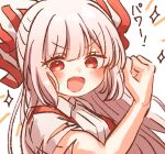  1girl bangs blush bow breasts collared_shirt eyebrows_visible_through_hair eyes_visible_through_hair fujiwara_no_mokou grey_shirt hair_between_eyes hair_bow hand_up long_hair looking_at_viewer medium_breasts multicolored_bow open_mouth pink_hair red_bow red_eyes shirt short_sleeves smile solo star_(symbol) touhou upper_body v-shaped_eyebrows waramori_fuzuka white_background white_bow 