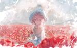  1girl :o betabeet blush breasts cleavage dress eyebrows_visible_through_hair eyelashes field flower flower_field hat highres holding holding_flower large_hat looking_at_viewer nijisanji nijisanji_en pink_eyes pink_hair red_flower red_rose rose rosemi_lovelock short_sidetail sitting sleeveless small_breasts solo thorns virtual_youtuber white_dress white_headwear yokozuwari 