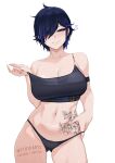  1girl artist_name ayase_yuu black_hair black_panties blue_eyes blue_hair breasts cleavage closed_mouth collarbone female_pubic_hair flower_tattoo hair_over_one_eye heart highres multicolored_hair myth1carts navel panties phase_connect pubic_hair smile solo stomach stomach_tattoo streaked_hair tattoo underwear virtual_youtuber 