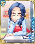  1girl apron black-framed_eyewear blue_hair blue_shirt card_(medium) character_name girlfriend_(kari) glasses hair_ornament hair_scrunchie hand_on_own_cheek hand_on_own_face head_rest looking_at_viewer low_side_ponytail mizuno_fuka multicolored_apron multicolored_scrunchie official_art paper pen qp:flapper red_apron red_eyes red_scrunchie scrunchie shirt smile solo watch wristwatch 
