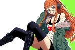 1girl arm_at_side armpit_crease bare_shoulders behind-the-head_headphones black-framed_eyewear black_boots black_shorts black_tank_top black_thighhighs blunt_bangs boots breasts closed_mouth commentary drop_shadow english_commentary feet_out_of_frame fur-trimmed_jacket fur_trim glasses green_background green_jacket hand_on_headphones headphones jacket jacket_partially_removed knees_up long_hair looking_at_viewer nika_dudi off-shoulder_shirt off_shoulder orange_hair persona persona_5 purple_eyes sakura_futaba shirt short_shorts shorts sidelocks sitting small_breasts smile solo tank_top thighhighs two-tone_background white_background white_shirt 