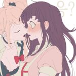  2girls ? apron bangs bear_hair_ornament black_choker black_shirt blush bong_(0u0bon) bow breasts choker cleavage collarbone danganronpa:_trigger_happy_havoc danganronpa_(series) danganronpa_2:_goodbye_despair enoshima_junko hair_ornament imminent_kiss large_breasts long_hair mole mole_under_eye multiple_girls open_mouth pink_shirt puffy_short_sleeves puffy_sleeves red_bow shirt short_sleeves sweat tsumiki_mikan twintails upper_body white_apron yuri 