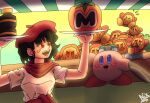  arms_up beret blush brown_eyes brown_hair food group_picture hair_ornament handkerchief happy hat highres kirby kirby_(series) maria_del_carmen nix_manga open_mouth original red_eyes red_headwear shirt short_hair short_sleeves virtual_youtuber waddle_dee waving 